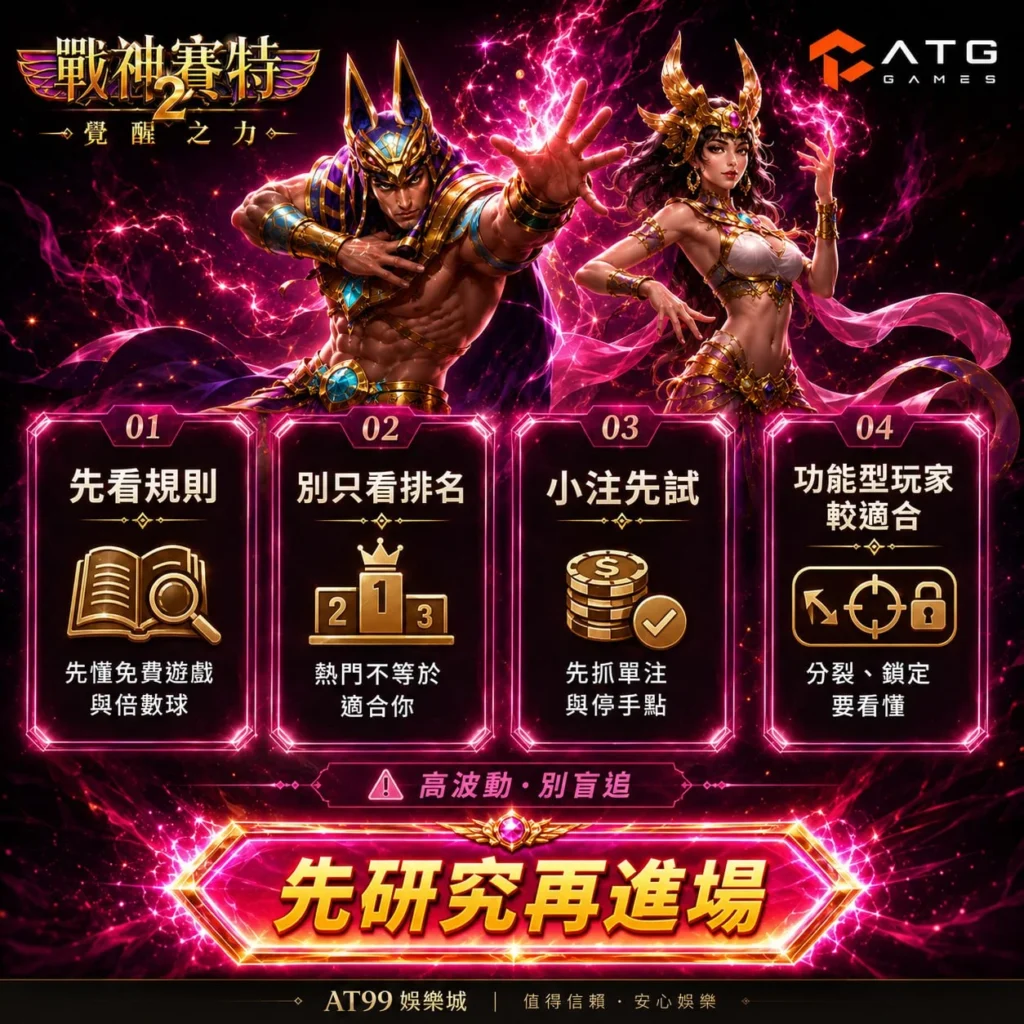 ATG賽特2新手攻略，整理先看規則、別只看老虎機排名、小注試玩與功能玩法四大重點，協助玩家了解戰神賽特2遊戲特色。