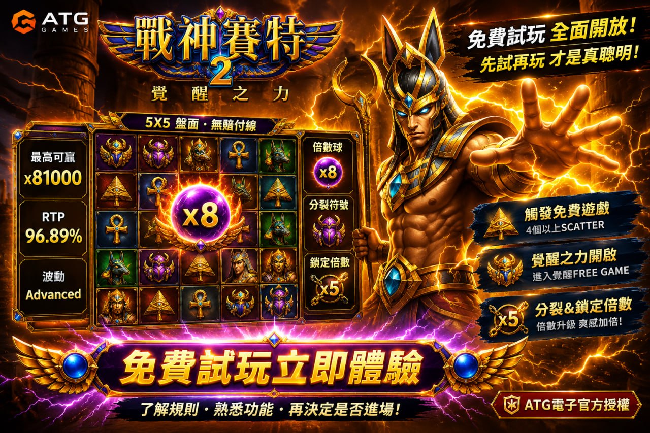戰神賽特2免費試玩宣傳圖，展示ATG戰神賽特2覺醒之力遊戲介面與阿努比斯角色，介紹戰神賽特2免費試玩、5x5盤面、Scatter免費遊戲、覺醒Free Game、分裂與鎖定倍數等核心玩法特色。
